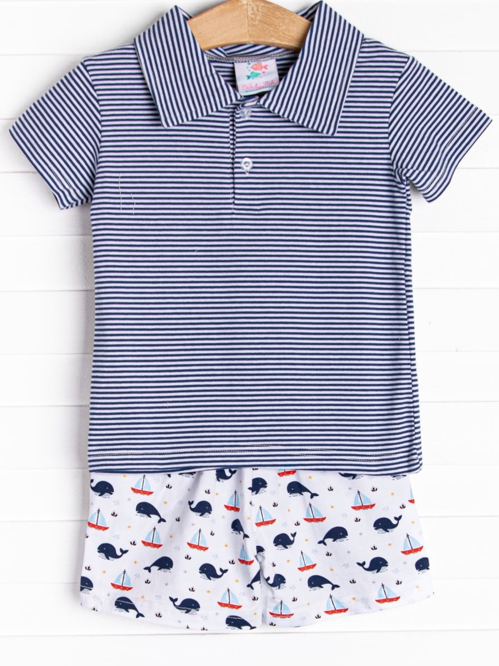 Stitchy Fish Striped Polo Top with Nautical Whale Skirt Set - Navy & White Sz 5T